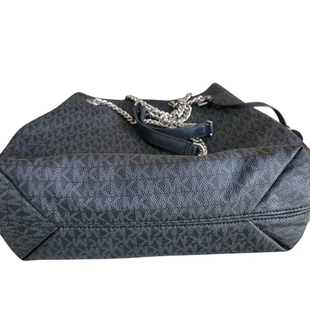 Michael Kors Silver Chain Tote Bag Black MK Logo Canvas Convertible Straps